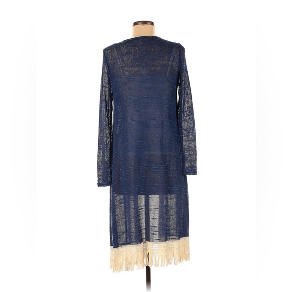 Nabee Blue Open Front Long Sleeve Cardigan Fringe Hem - Picture 2 of 3